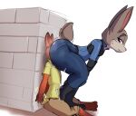  2023 against_surface against_wall anthro big_butt bottomwear butt butt_in_face butt_smother canid canine clothed clothing disney dominant dominant_female face_in_ass female fox fully_clothed fur grey_body grey_fur grinding hi_res judy_hopps lagomorph larger_female leporid looking_at_another looking_back looking_back_at_another looking_back_at_partner male male/female mammal mohurin motion_lines nick_wilde pants rabbit red_fox size_difference smothering stinkface thick_thighs tight_bottomwear tight_clothing tight_pants zootopia 