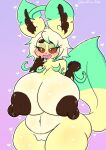  anthro big_breasts blush bodily_fluids breasts brown_eyes brown_nipples eeveelution female generation_4_pokemon genital_fluids genitals hair hi_res huge_breasts leaf leaf_tail leafeon lewdchuu_(artist) navel nintendo nipples notte_(lewdchuu) pokemon pokemon_(species) pussy pussy_juice solo tail white_hair yellow_body 