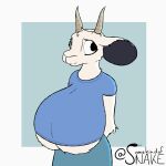  1:1 animated anthro big_breasts border bottomwear bouncing_breasts bovid breasts caprine clothed clothing female fur goat mammal pupils shirt simple_background skirt solo somekindofsnake standing tan_horns teal_background topwear under_boob white_body white_border white_fur 
