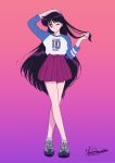  bishoujo_senshi_sailor_moon black_hair blue_shirt dj_jdite earrings highres hino_rei jewelry long_hair one_eye_closed pink_skirt pleated_skirt purple_eyes purple_hair shirt shoes skirt sneakers stud_earrings t-shirt two-tone_shirt white_shirt 