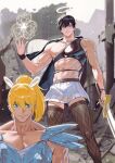  2boys abs absurdres animal_ears bishounen black_hair blonde_hair copyright_request fishnet_thighhighs fishnets green_eyes highres holding holding_sword holding_weapon male_focus mr_tangsuyuk multiple_boys muscular muscular_male outdoors pleated_skirt ponytail rabbit_ears ruins skirt sword thighhighs weapon 
