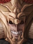  1boy armor black_sclera close-up colored_sclera commentary elden_ring english_commentary fake_horns fake_teeth gold_armor grin highres horns long_hair looking_at_viewer male_focus ornate_armor red_hair satsu-strive sharp_teeth smile spiked_helmet starscourge_radahn teeth yellow_eyes 