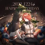  2girls akirarec animal_ears arknights bell belt black_background black_gloves black_hair black_pants black_shirt christmas_tree closed_eyes coat commentary dated english_commentary english_text exusiai_(arknights) from_side gift gloves gradient_background hair_over_one_eye halo happy_birthday highres holding holding_mirror id_card indoors long_hair long_sleeves mirror mistletoe multiple_girls neck_bell pants profile red_belt red_hair shirt short_hair short_sleeves simple_background smile stuffed_animal stuffed_penguin stuffed_toy texas_(arknights) white_coat wolf_ears wolf_girl yellow_eyes 