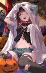  1girl ;d black_hair black_thighhighs breasts collar commentary_request denim denim_shorts ghost_costume grey_shorts halloween highres jack-o&#039;-lantern looking_at_viewer medium_breasts medium_hair mole mole_under_eye navel nima_(niru54) one_eye_closed open_mouth original red_collar shorts sitting smile solo spiked_collar spikes stomach teeth thighhighs torn_clothes torn_thighhighs yellow_eyes 