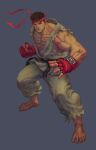 1boy barefoot bingoman black_hair clenched_hand dougi forked_eyebrows frown headband highres incoming_attack incoming_punch large_hands looking_at_viewer male_focus muscular muscular_male pectoral_cleavage pectorals punching red_headband ryu_(street_fighter) short_hair shredded_muscles solo standing street_fighter thick_eyebrows 