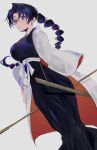  1girl black_hair black_hakama black_kimono bleach blue_eyes breasts dutch_angle from_below glasses hakama highres japanese_clothes katori_batsuunsai kimono large_breasts long_hair obi round_eyewear sash sheath simple_background solo ui_1231 white_background white_haori wide_sleeves 