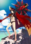  1girl barefoot bikini fate/grand_order fate_(series) jacket long_hair looking_at_viewer oda_nobunaga_(fate) oda_nobunaga_(koha-ace) oda_nobunaga_(maou_avenger)_(fate) official_art pako_(pakosun) red_eyes red_jacket swimsuit very_long_hair weapon 