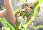  1girl :d ass bloomers blurry bracelet cape commentary_request depth_of_field detached_sleeves dress forest genshin_impact gradient_hair green_cape green_eyes hair_between_eyes hair_ornament highres holding hoshino_mokuzu jewelry leaf_hair_ornament leg_up long_hair looking_at_viewer multicolored_hair nahida_(genshin_impact) nature outdoors pointy_ears short_dress short_sleeves side_ponytail sidelocks sitting smile solo streaked_hair swing symbol-shaped_pupils underwear white_bloomers white_dress white_hair 