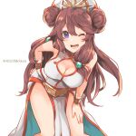  ;d alternate_breast_size amane_(dragalia_lost) bent_over bracelet breasts brown_hair cleavage cleavage_cutout clothing_cutout double_bun dragalia_lost dress hair_between_eyes hair_bun hand_on_own_hip hand_on_own_thigh highres jewelry long_hair looking_at_viewer one_eye_closed open_mouth po_pooch sleeveless sleeveless_dress smile twitter_username very_long_hair white_background white_dress 