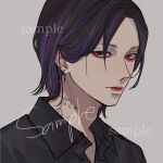  1boy balance_scale bishounen black_eyes black_hair black_shirt buttons closed_mouth collared_shirt commission earrings grey_background highres jewelry kagoya1219 looking_at_viewer male_focus multicolored_hair neck_tattoo original parted_hair portrait purple_hair sample_watermark shirt short_hair simple_background solo streaked_hair tattoo watermark weighing_scale 
