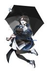  1girl :d ahoge apron black_apron black_hair black_jacket black_pantyhose black_umbrella blue_eyes blue_hair blue_necktie blue_tongue bright_pupils collared_shirt colored_tongue commentary_request full_body highres holding holding_umbrella jacket long_sleeves looking_at_viewer medium_hair multicolored_hair necktie off_shoulder ok_o_o open_mouth original pantyhose shirt shoes simple_background smile solo streaked_hair teruterubouzu umbrella white_background white_footwear white_pupils white_shirt wing_collar 