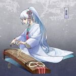  1girl apollo_hotori blue_eyes blue_hair genshin_impact hair_ornament instrument japanese_clothes kamisato_ayaka kimono light_blue_hair long_hair long_sleeves mole mole_under_eye music playing_instrument ponytail sidelocks sitting solo sumizome_(genshin_impact) tassel very_long_hair wide_sleeves 