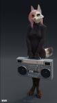  3d_(artwork) anthro blender_(software) blender_cycles canid canine canis claws clothed clothing digital_media_(artwork) english_text female fox fur hair hi_res impreza mammal multicolored_body outside pink_hair simple_background solo tan_body tan_fur tape_recorder text tridognait 