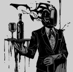  1other bottle clock collared_shirt cross_tie cup dante_(limbus_company) drinking_glass fire gloves greyscale hand_up highres holding holding_towel holding_tray jacket limbus_company maskv monochrome object_head project_moon shirt simple_background towel tray upper_body wine_bottle wine_glass 