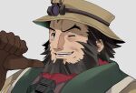  1boy beard character_request facial_hair gloves hat highres made_in_abyss male_focus mature_male one_eye_closed pointing pointing_at_self short_hair smile solo thick_eyebrows upper_body usuki_(usukine1go) whistle whistle_around_neck wrinkled_skin 