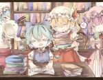  5girls animal animal_on_hand aqua_hair back_bow blonde_hair blue_bow blue_dress blue_hair book book_stack bookshelf bow braid chigu cirno closed_mouth collared_shirt detached_wings dress exhausted facing_another flandre_scarlet frilled_shirt_collar frilled_sleeves frills frog grey_hair hair_bow hat hat_ribbon heart highres holding holding_animal indoors izayoi_sakuya large_bow looking_at_another maid_headdress mob_cap multicolored_wings multiple_girls neck_ribbon open_book patchouli_knowledge pinafore_dress pink_dress pink_headwear puffy_short_sleeves puffy_sleeves purple_eyes purple_hair red_carpet red_eyes red_ribbon red_skirt red_vest remilia_scarlet ribbon ribbon-trimmed_headwear ribbon_trim shirt short_sleeves skirt skirt_set sleeve_ribbon sleeveless sleeveless_dress spoken_heart striped striped_dress table touhou vertical-striped_dress vertical_stripes vest white_bow white_headwear white_shirt wings wooden_chair wooden_table 