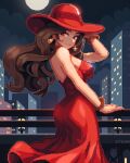  1girl artist_name ass backless_dress backless_outfit balcony bare_shoulders bracelet brown_hair cloud dress earrings itzah jewelry long_hair looking_at_viewer mario_(series) moon night pauline_(mario) pixel_art red_dress red_eyes red_headwear smile solo 