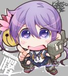  1girl adapted_turret akebono_(kancolle) bell blue_skirt cannon character_name chibi flower hair_bell hair_flower hair_ornament highres jingle_bell kantai_collection kuroneko_(kuroneko_works) long_hair miniskirt pleated_skirt purple_eyes purple_hair rigging school_uniform serafuku short_sleeves side_ponytail skirt solo torpedo very_long_hair 