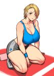  1girl abigail_fahrenheit blonde_hair blue_eyes blue_sports_bra blush breasts earrings erkaz grey_footwear grey_shorts jewelry large_breasts looking_at_viewer necklace one_eye_closed original shadow shoes short_hair shorts solo sports_bra white_background 