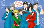  6+boys black_hair black_necktie blonde_hair blue_eyes blue_hair edward_the_blue_engine gloves gordon_the_big_engine green_eyes grey_eyes grey_hair hair_between_eyes henry_the_green_engine highres hiro_the_japanese_engine humanization index_finger_raised james_the_red_engine long_sleeves mail makina0127 male_focus multicolored_hair multiple_boys necktie one_eye_closed percy_the_small_engine red_eyes red_hair red_necktie salute sleeves_rolled_up smile streaked_hair thomas_the_tank_engine thomas_the_tank_engine_(character) uniform white_gloves 