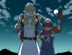  2boys blonde_hair commentary_request crossed_arms full_moon hair_over_one_eye hat highres male_focus moon multiple_boys night night_sky one_eye_covered outdoors pokemon pokemon_legends:_arceus red_scarf rei_(pokemon) scarf short_hair sky smile snow star_(sky) starry_sky trembling volo_(pokemon) yc157_ar 
