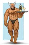  1boy abs bald bara black_bow black_bowtie black_male_underwear bottle bow bowtie briefs bulge butler cup drinking_glass facial_hair full_body growlygruntz highres large_pectorals male_focus male_underwear mishima_heihachi muscular muscular_male mustache nipples old old_man pectorals scar scar_on_chest servant short_hair sideburns smile solo stomach tekken tekken_5 thick_eyebrows thick_thighs thighs topless_male underwear walking wine_bottle wine_glass 