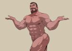  1boy abs bara beard brown_background brown_hair completely_nude dark-skinned_male dark_skin facial_hair large_pectorals male_focus muscular muscular_male navel nipples nude one_eye_closed overwatch overwatch_1 pectorals reaper_(overwatch) rybiok short_hair simple_background solo thick_thighs thighs 