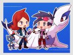  2boys alternate_color blue_background blush_stickers chibi claws commentary_request ethan_(pokemon) ethan_(sygna_suit)_(pokemon) fingerless_gloves gloves goggles goggles_on_head highres looking_at_another lugia male_focus multiple_boys official_alternate_costume outline pokemon pokemon_(game) pokemon_masters_ex potion_(pokemon) purple_eyes red_eyes red_hair scarf silver_(pokemon) silver_(sygna_suit)_(pokemon) smile sneasel tail tsugomori_(sprn303) v-shaped_eyebrows white_outline 