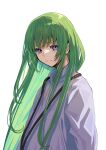  1other androgynous enkidu_(fate) fate/grand_order fate/strange_fake fate_(series) green_hair grey_hair highres long_hair long_sleeves looking_at_viewer other_focus purple_eyes robe shirt smile solo white_robe white_shirt yadayada 
