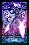  armor ceruledge eye_trail fire full_body glass highres light_trail pokemon pokemon_(creature) pokemon_(game) pokemon_sv purple_eyes purple_fire solo stained_glass standing sword weapon window 