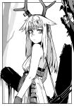  1girl absurdres antlers arknights bare_shoulders closed_mouth dress firewatch_(arknights) from_side gloves greyscale gun highres kumamu long_hair looking_at_viewer looking_to_the_side monochrome sleeveless sleeveless_dress smile solo tree upper_body weapon 