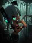  +_+ 1girl absurdres aqua_eyes aqua_hair balcony braid digitan_(porforever) electric_plug_tail fang headphones highres long_hair looking_at_viewer nail_polish original porforever rain shorts solo twin_braids watch wet wet_clothes wringing_clothes wristwatch 