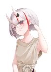  1girl bespectacled bob_cut brown_dress closed_mouth commentary_request dress fang fang_out glasses grey_hair hair_flip hand_in_own_hair highres hololive horns looking_at_viewer multicolored_hair nakiri_ayame oni_horns red_eyes red_hair rike_111 short_hair simple_background smile solo streaked_hair teardrop-framed_glasses upper_body virtual_youtuber white-framed_eyewear white_background 