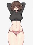  1girl ahoge aki_(snale) arms_behind_head arms_up bags_under_eyes belly breasts brown_eyes brown_hair cowboy_shot crop_top curvy glasses groin highres jitome lace-trimmed_panties lace_trim large_breasts long_sleeves looking_at_viewer midriff mole mole_on_stomach navel open_mouth original panties short_hair snale solo thick_thighs thigh_gap thighs underwear white_background wide_hips 