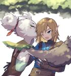  2boys beak bird_boy blonde_hair closed_eyes fingerless_gloves furry furry_male gloves highres hug link multiple_boys one_eye_closed pointy_ears rito smile tere the_legend_of_zelda the_legend_of_zelda:_tears_of_the_kingdom tulin_(zelda) upper_body winged_arms wings 