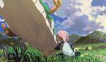  2girls cloud commentary_request dragon grass kobayashi-san_chi_no_maidragon kobayashi_(maidragon) multiple_girls on_ground outdoors red_hair tohru_(dragon)_(maidragon) tohru_(maidragon) tora_jun yuri 