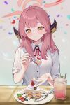  1girl absurdres aru_(blue_archive) blue_archive blush breasts cake cake_slice commentary demon_horns drink food fork halo heart highres holding holding_fork horns incoming_food junshijijiu light_smile looking_at_viewer neck_ribbon pink_hair red_ribbon ribbon shirt small_breasts solo strawberry_shortcake upper_body white_shirt 