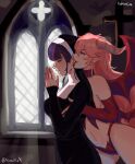  2girls aimokok artist_name breasts closed_eyes closed_mouth demon_girl demon_horns demon_wings genshin_impact highres horns multiple_girls nun own_hands_clasped own_hands_together parted_lips pink_hair pointy_ears praying purple_hair raiden_shogun wings yae_miko yuri 