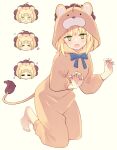  1girl 87banana =_= ahoge animal_costume artoria_pendragon_(fate) barefoot blonde_hair blue_bow bow chibi chibi_inset claw_pose expressions fake_tail fate/stay_night fate_(series) full_body green_eyes kneeling lion_costume looking_at_viewer musical_note open_mouth pajamas saber sidelocks simple_background sparkle sweatdrop tail white_background 