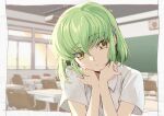  1girl alternate_hair_length alternate_hairstyle c.c. closed_mouth code_geass commentary_request creayus green_hair hair_between_eyes hair_ornament hairclip indoors looking_at_viewer shirt short_hair solo white_shirt yellow_eyes 