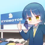  1girl 6_9 absurdres blue_hair blue_suit bocchi_the_rock! car commentary_request formal gotoh_hitori hair_ornament hairclip haruiroha highres ijichi_nijika jitome motor_vehicle necktie objectification short_hair smile solo suit thumbs_up upper_body yamada_ryo yellow_eyes yellow_necktie 