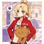  1girl aruti bandeau belt belt_buckle black_belt blonde_hair blush border buckle commentary_request fate/apocrypha fate/grand_order fate_(series) green_eyes hands_on_own_hips highres jacket jewelry long_hair long_sleeves looking_at_viewer midriff mordred_(fate) mordred_(memories_at_trifas)_(fate) navel necklace open_clothes open_jacket outside_border parted_bangs ponytail red_jacket solo stuffed_animal stuffed_toy twitter_username white_bandeau white_border 