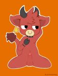  anthro balls blush bovid bovine bracelet cattle embarrassed embarrassed_nude_male erection fluffy fur genitals hi_res horn jewelry male mammal necklace orange_background penis presenting red_body red_fur sherwind52 simple_background solo solo_focus spread_legs spreading tail 