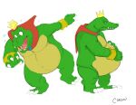  2013 anthro belly big_belly canson cape chubby_anthro chubby_male claws clothing crocodilian crown cuff_(restraint) donkey_kong_(series) fangs front_view hand_on_stomach headgear king_k._rool kremling male mostly_nude mouth_closed multiple_images narrowed_eyes navel nintendo open_mouth overweight overweight_anthro overweight_male reptile restraints scalie shackles side_view signature slightly_chubby solo standing teeth toe_claws tongue tripping wide_eyed 