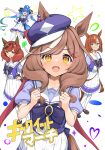  4girls :d absurdres animal_ears aqua_hair blue_bow blue_eyes blue_shirt bow braid brown_eyes brown_footwear brown_hair clenched_hands collarbone commentary_request cover cover_page frilled_skirt frills hair_ornament hairclip hand_on_own_hip hands_up heart heterochromia highres horse_ears horse_girl horse_tail ikuno_dictus_(umamusume) long_hair matikane_tannhauser_(umamusume) multicolored_hair multiple_girls nice_nature_(umamusume) outstretched_arms pantyhose parted_bangs pleated_skirt puffy_short_sleeves puffy_sleeves purple_eyes sakikumo_(sakumo) shirt shoes short_sleeves simple_background single_braid skirt smile solo_focus spread_arms star_(symbol) streaked_hair tail thighhighs twin_turbo_(umamusume) twintails two-tone_hair umamusume v-shaped_eyebrows very_long_hair white_background white_hair white_pantyhose white_skirt white_thighhighs yellow_eyes 