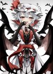  1girl absurdres bat_(animal) bat_wings black_gloves blue_hair dress elbow_gloves fingerless_gloves gloves hat highres koumajou_densetsu looking_at_viewer mob_cap ougiikun red_eyes red_nails remilia_scarlet short_hair sketch smile solo touhou white_background white_dress white_headwear wings 