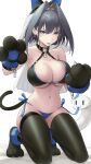  1girl absurdres anger_vein animal_hands bare_shoulders bikini black_hair blue_eyes blue_panties boros_(ouro_kronii) bow bow_earrings bra breasts cat_paws chain_headband choker cleavage earrings hair_between_eyes hair_intakes highres hololive hololive_english jewelry large_breasts looking_at_viewer navel open_mouth ouro_kronii panties ribbon_earrings short_hair side-tie_panties skindentation solo somebody_(leiking00) stomach swimsuit thighhighs thighs underwear virtual_youtuber 
