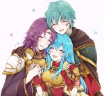  1girl 2boys aqua_hair armor blue_hair blush breastplate breasts brother_and_sister brown_cape brown_gloves cape circlet closed_eyes commentary_request eirika_(fire_emblem) ephraim_(fire_emblem) fingerless_gloves fire_emblem fire_emblem:_the_sacred_stones fleur-de-lis flower gloves gold_trim hair_between_eyes hand_on_another&#039;s_shoulder happy highres holding_hands hug hug_from_behind long_hair lyon_(fire_emblem) medium_breasts misato_hao multiple_boys open_mouth pauldrons peaceful purple_hair purple_tunic red_cape red_gloves red_shirt shirt short_hair short_sleeves shoulder_armor siblings sidelocks simple_background smile twins two-tone_cape upper_body very_long_hair white_background wide_sleeves yellow_cape 