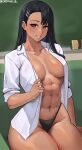 1girl abs absurdres aged_up alternate_muscle_size asymmetrical_bangs black_hair breasts brown_eyes cleavage collared_shirt cromwellb dark-skinned_female dark_skin dress_shirt earclip grin hair_ornament hairclip highres ijiranaide_nagatoro-san large_breasts muscular muscular_female nagatoro_hayase open_clothes open_shirt shirt smile solo tan thong white_shirt 