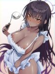  1girl absurdres apron areola_slip black_hair blue_archive blush breasts cleavage closed_mouth commentary cowboy_shot dark-skinned_female dark_skin frilled_apron frills hair_between_eyes highres holding holding_ladle karin_(blue_archive) ladle large_breasts long_hair naked_apron shihoaitogi solo white_apron yellow_eyes 